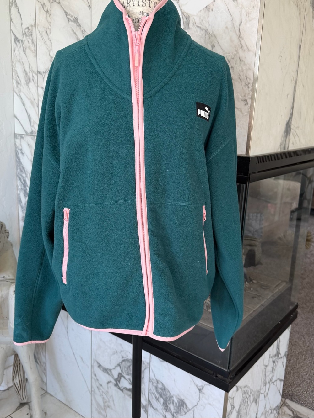 NWT PUMA Ladies Teal Fleece Jacket with Pink Trim M